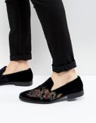 Asos Loafers In Black Velvet With Dragon Embroidery - Black