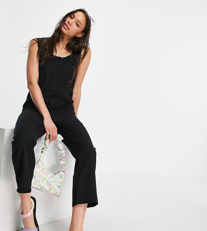 Asos Design Tall Button Front Linen Minimal Chuck On Jumpsuit In Black