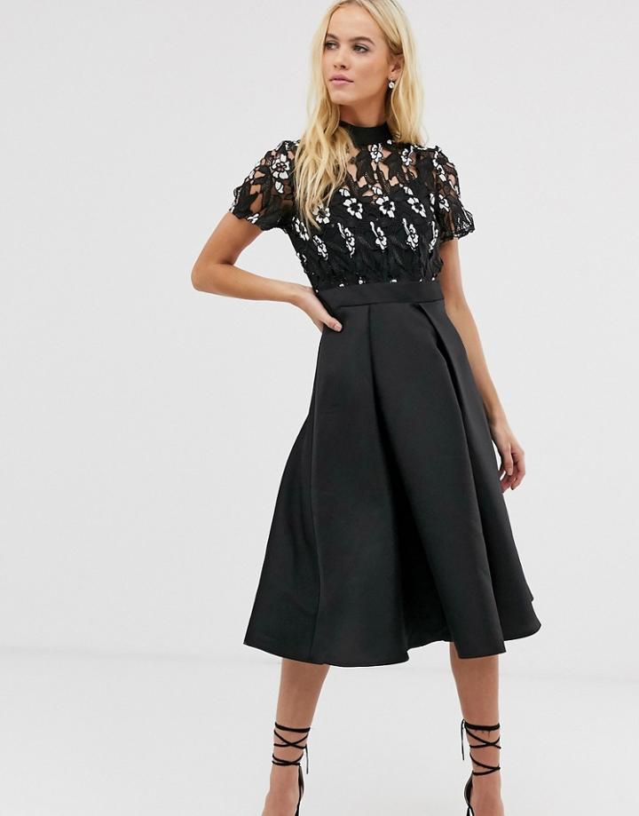 Little Mistress Embroidered Upper Skater Dress - Black