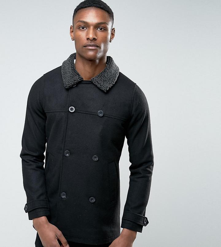 Brave Soul Tall Pea Coat With Sherpa Collar - Black