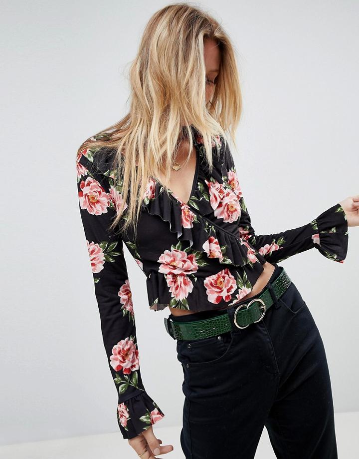 Asos Ruffle Wrap Top In Floral - Black