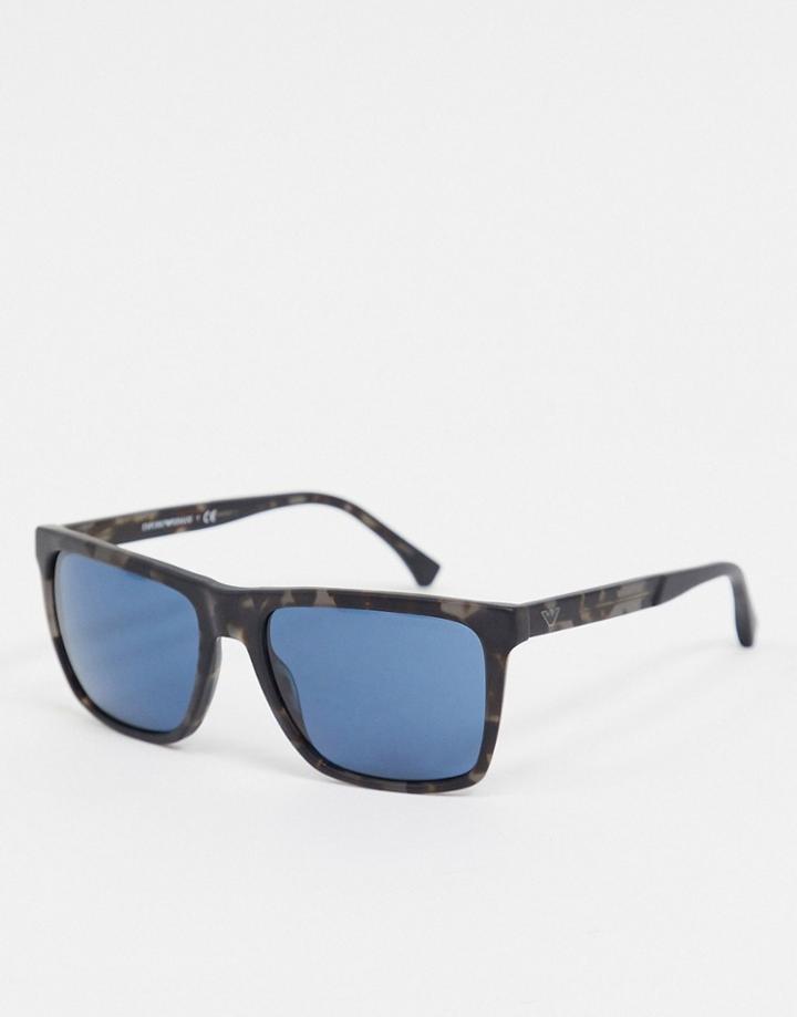Emporio Armani Square Sunglasses In Tortoise Shell With Blue Lens-brown