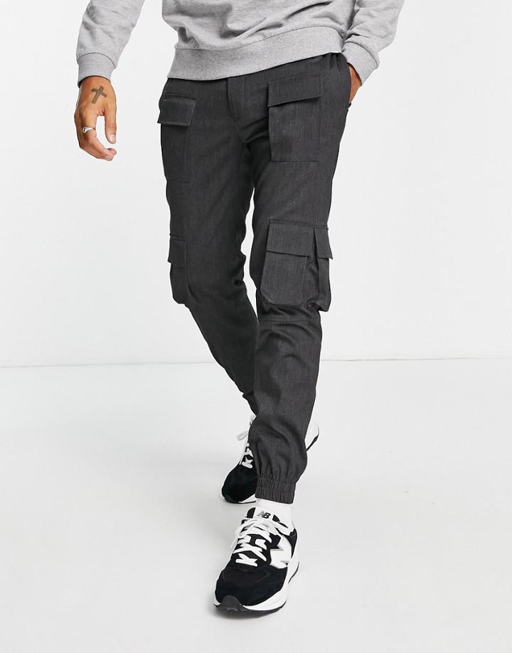 Topman Skinny Smart Cargo Pants With Multi Pockets In Charcoal-grey