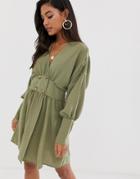 Asos Design Wrap Mini Dress With Faux Tortoiseshell Buttons - Green