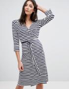 Traffic People Striped Bodycon Dress With Tie Belt - Blue