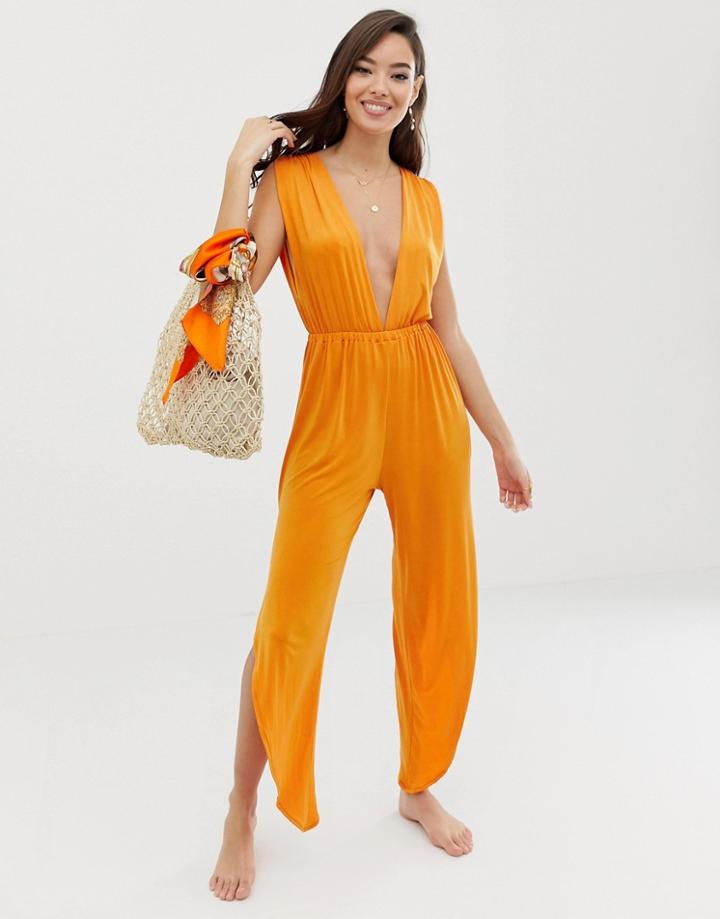 Asos Design Slinky Plunge Beach Jumpsuit With Splits In Burnt Orange - Orange