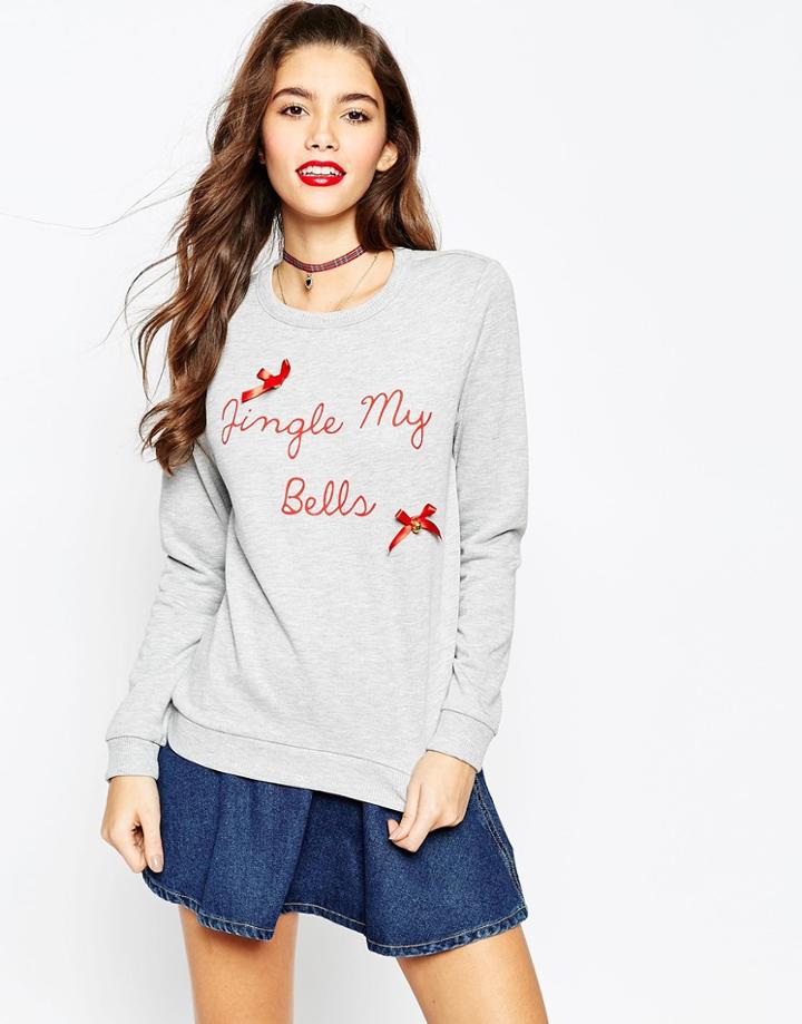 Asos Holidays Trimmed Sweat With Jingle My Bells Print - Gray Marl