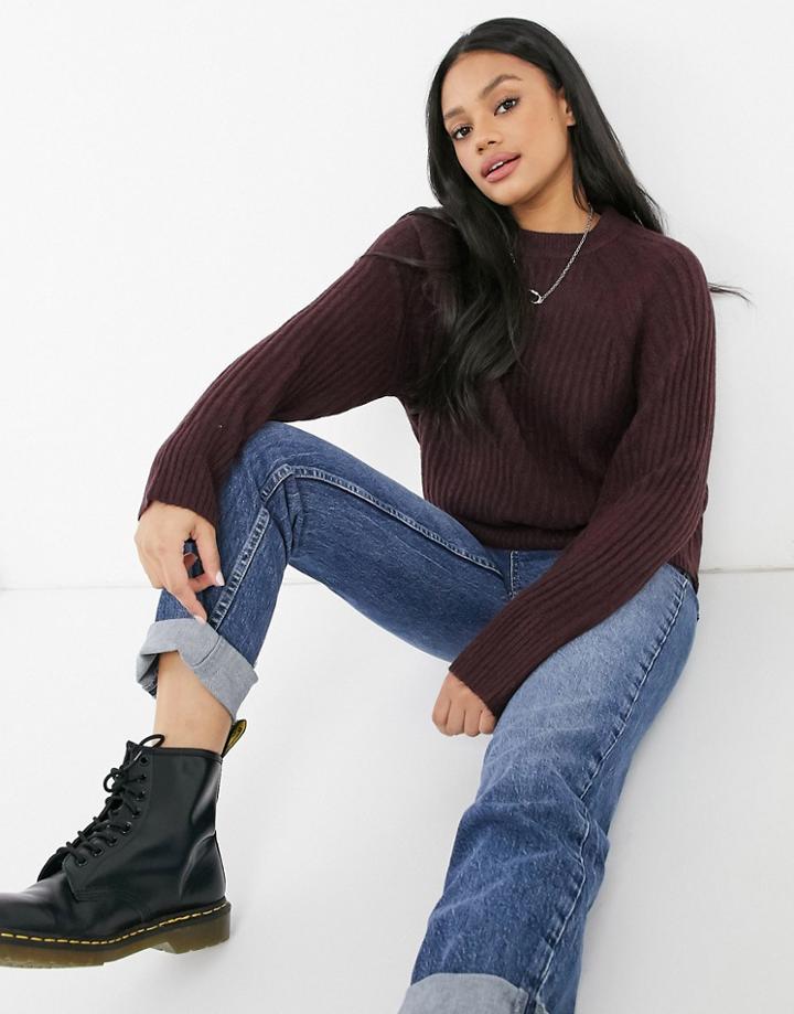 Pull & Bear Soft Touch Crew Neck Sweater In Burgundy-red