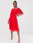 Asos Design Pleated Bandeau Midi Dress With Double Layer - Red