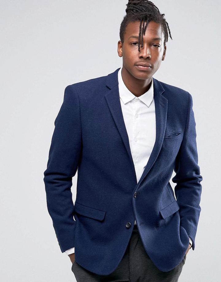 Asos Slim Blazer 100% Wool In Indigo - Navy