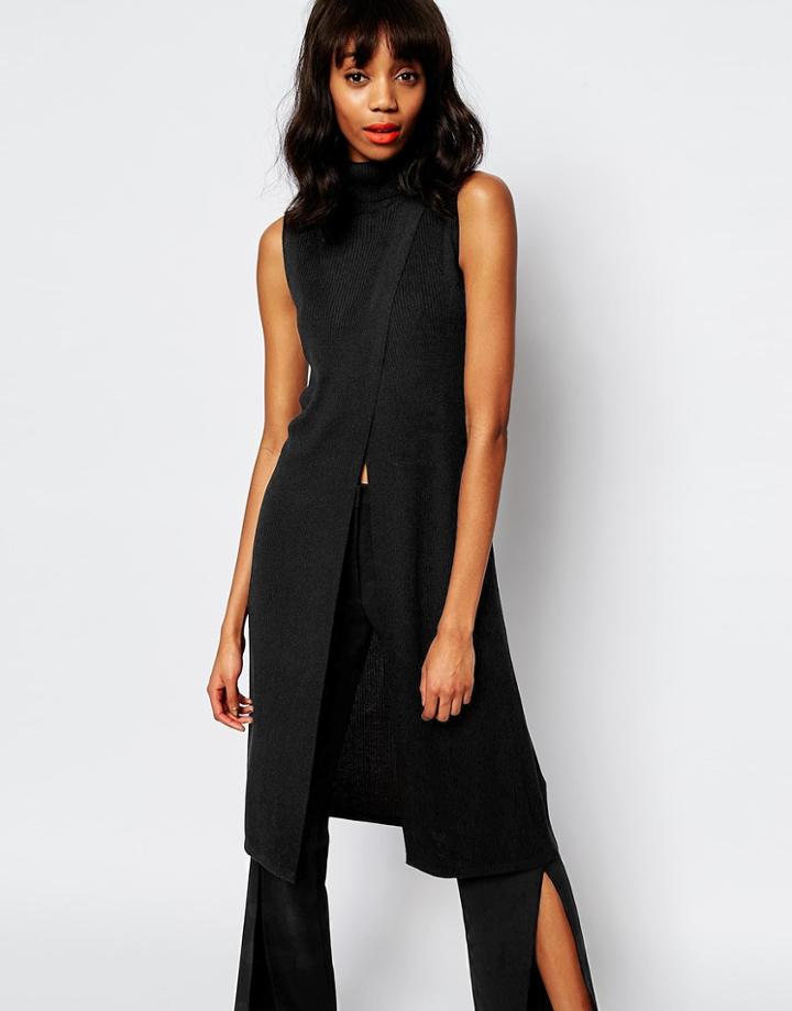 Monki Ribbed Knitted Split Front Tunic - Black