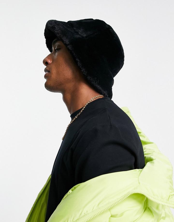 Asos Design Bucket Hat In Black Fur