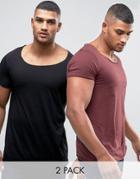 Asos 2 Pack Longline T-shirt With Scoop Neck And Raw Edges In Red/blac