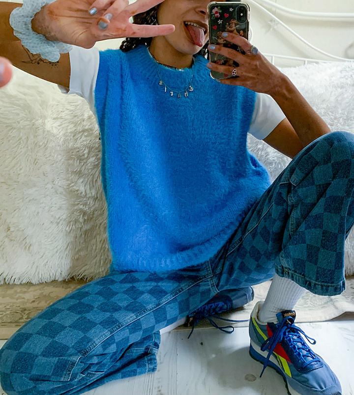 Collusion Fluffy Knitted Tank In Blue-blues