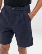 Asos Design Relaxed Chino Shorts With Pleat In Navy