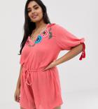 Asos Design Curve Romper With Embroidery And Tie Sleeve Detail-multi