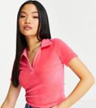 Asos Design Petite Fitted Polo In Velour In Bright Pink-white