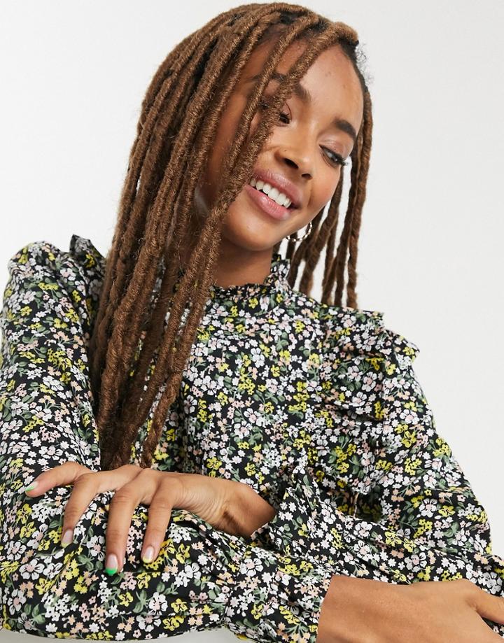 Asos Design Cotton Trapeze Mini Smock Dress With Frill Yoke Detail In Ditsy Floral Print-multi