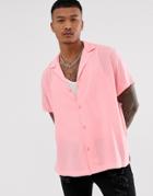 Asos Design Oversized Viscose Shirt With Deep Revere Collar In Bright Pink - Pink