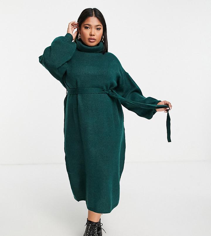 Asos Design Curve Knitted Roll Neck Midi Dress With Tie Waist In Dark Green