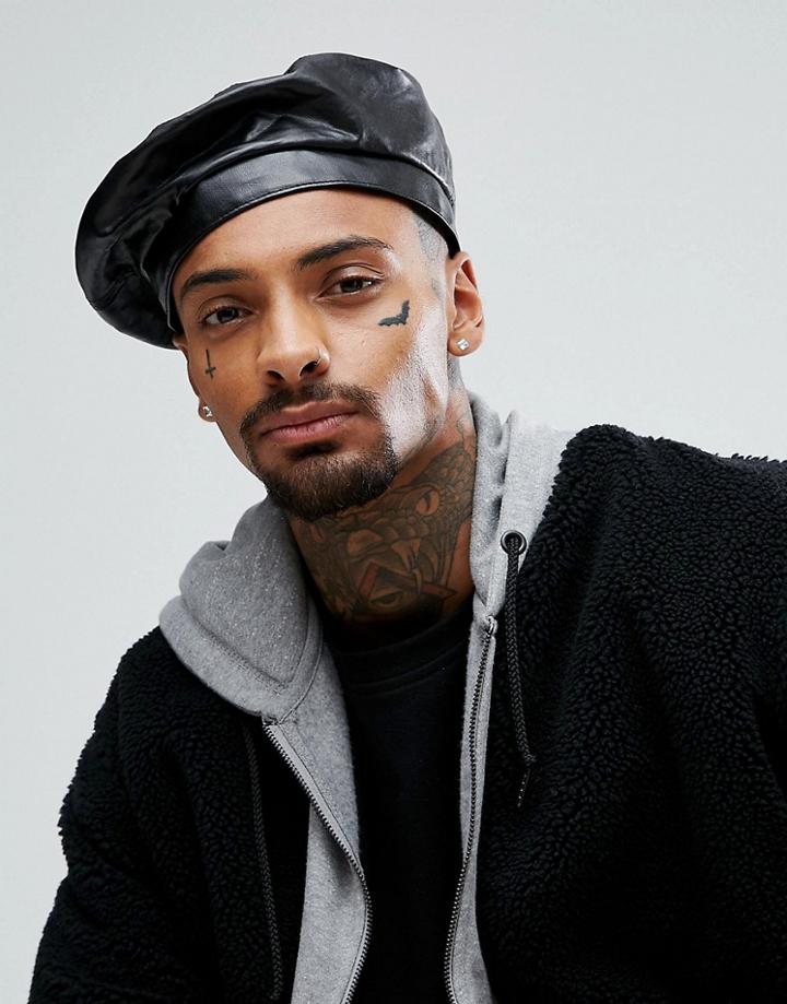 Asos Beret In Black Faux Leather - Black