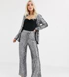 Unique21 Wide Leg Tuxedo Pants In Sequin With Contrast Side Seam Two-piece-silver