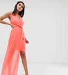 Tfnc Tall Wrap Front Dress With Asymmetric Hem In Coral - Orange