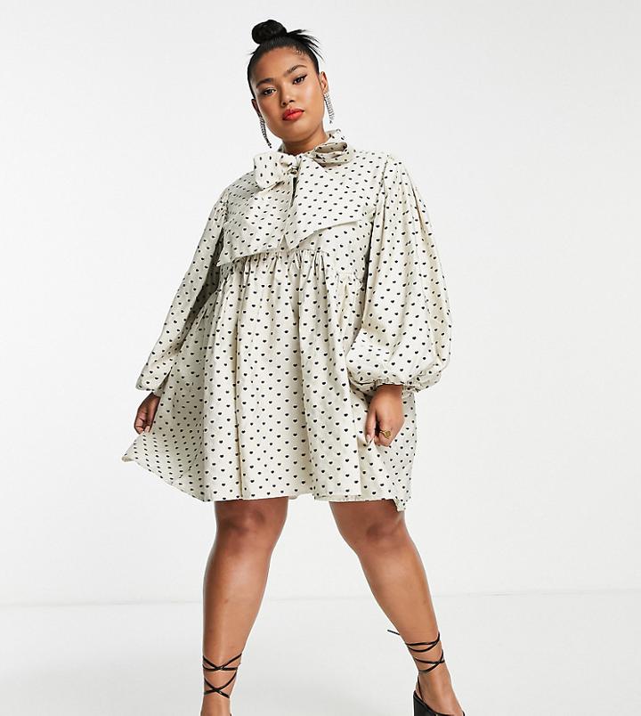 Sister Jane Plus Puff Sleeve Mini Dress With Bow In Heart Print-neutral