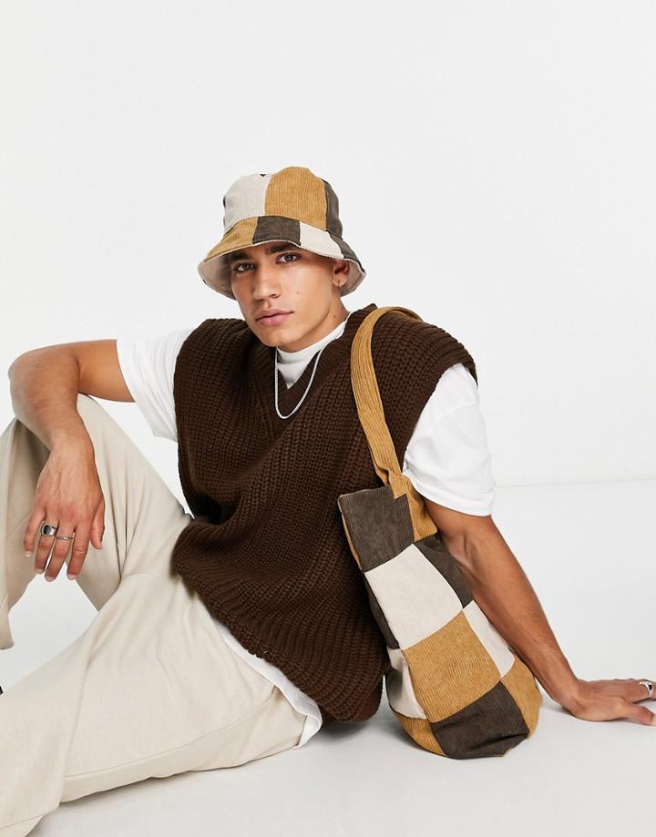 Asos Design Bucket Hat In Brown Corduroy With Spliced Design