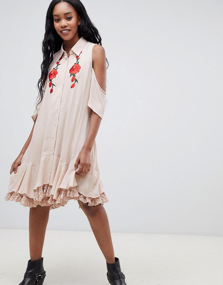 Glamorous Cold Shoulder Shirt Dress With Embroiderry Detail