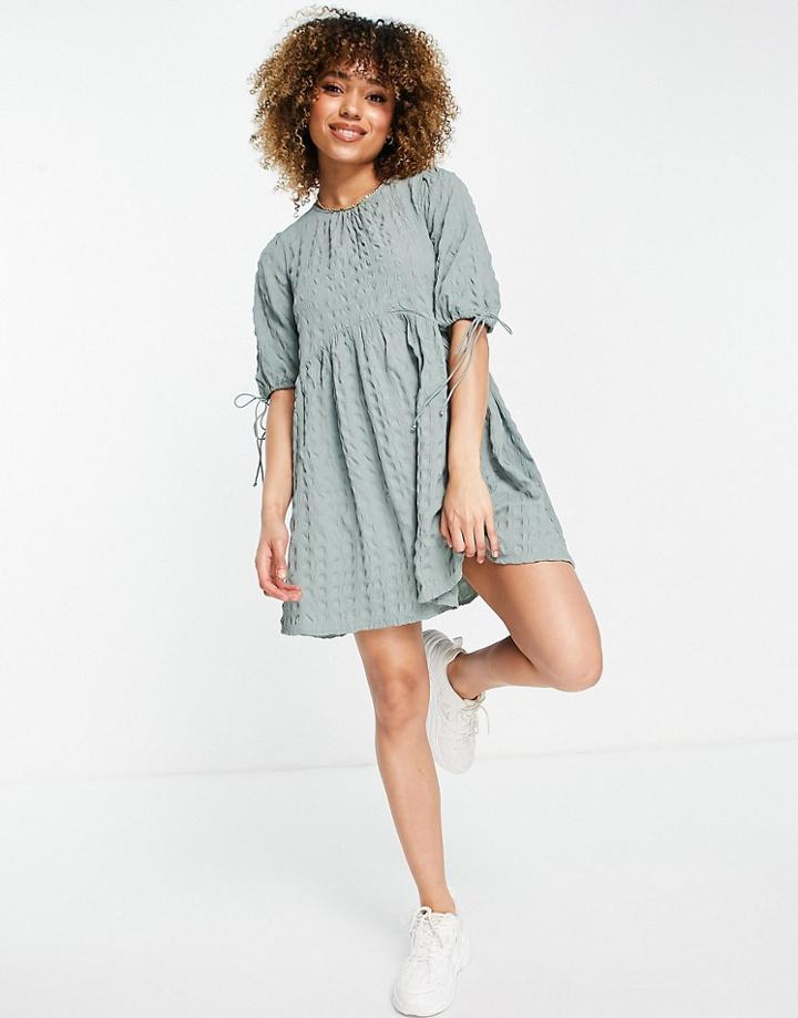 Asos Design Textured Cut Out Back Detail Mini Smock Dress With Ties In Khaki-green