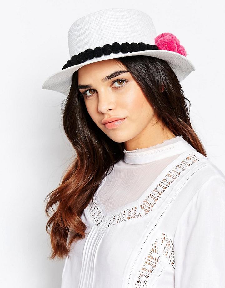 7x Straw Hat With Pom Pom Trim - White