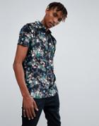 Asos Polo With Revere Collar In Floral Velour - Black