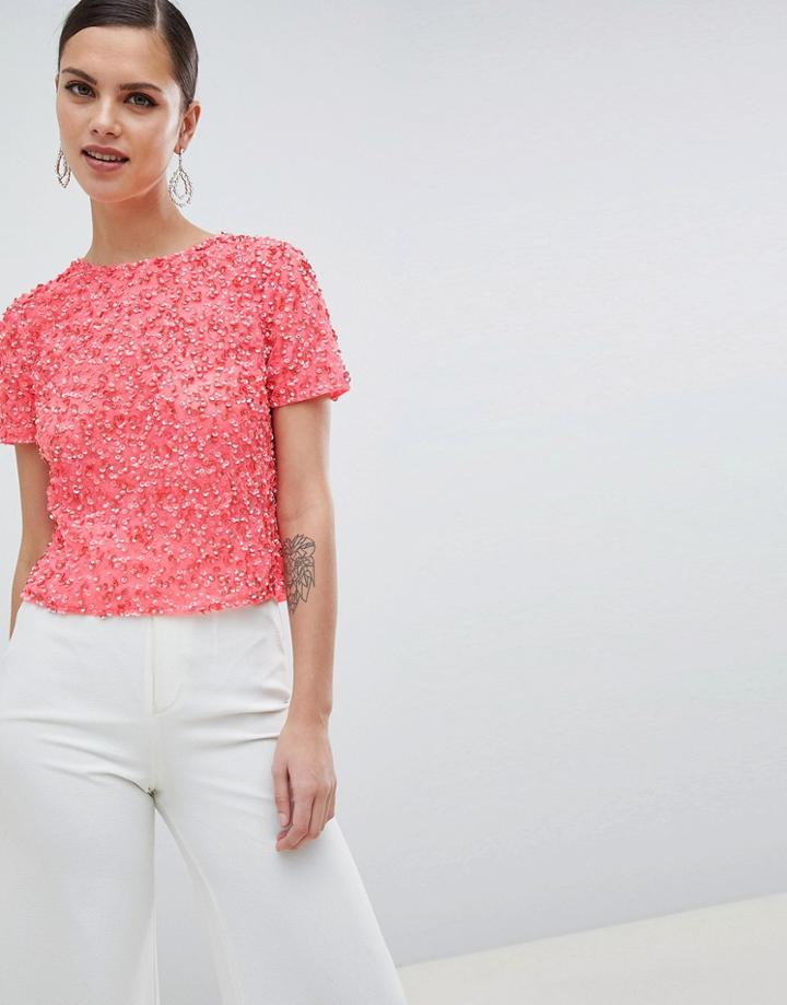 Asos Design T-shirt With Sequin Embellishment - Orange