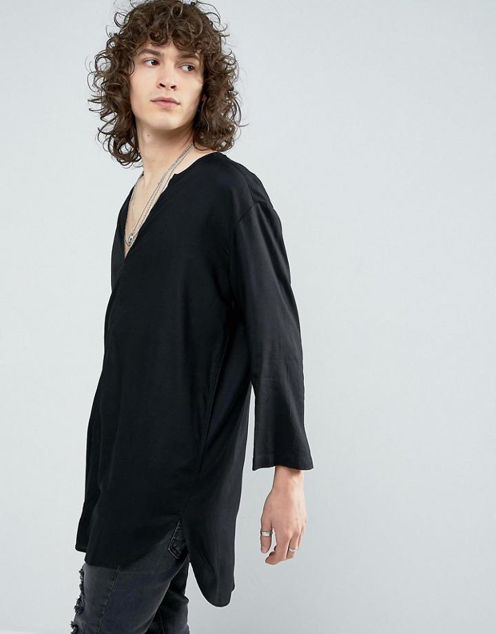 Asos Regular Fit Longline Viscose Shirt In Black With V Neck - Black