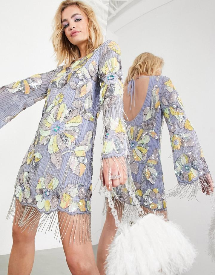 Asos Edition Bright Floral Embellished Fringe Mini Dress With Low Back In Violet-purple