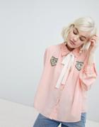 Sister Jane Blouse With Ribbon Tie And Heart Patch Detail - Pink