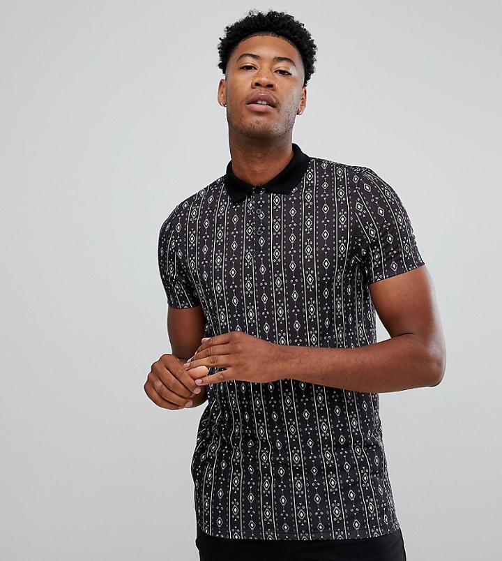 Asos Design Tall Polo With Vertical Geo-tribal Print - Black