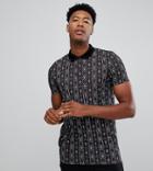 Asos Design Tall Polo With Vertical Geo-tribal Print - Black