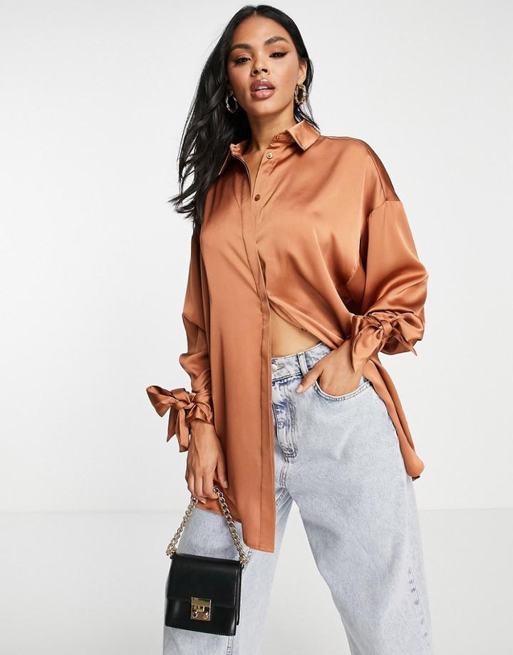 Asos Design Oversized Satin Shirt With Tie Cuff Detail In Terracotta-brown