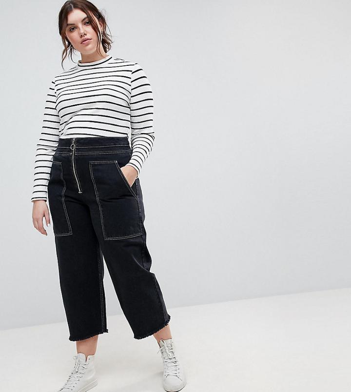 Asos Curve Wide Leg Utility Jeans With Big Pockets And Contract Stitch In Black - Black