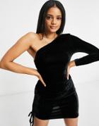 Parisian One Shoulder Ruched Side Velvet Mini Body-conscious Dress In Black