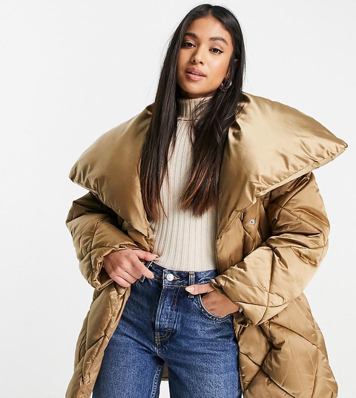 Asos Design Petite Diamond Waterfall Belted Puffer Jacket In Bronze-orange