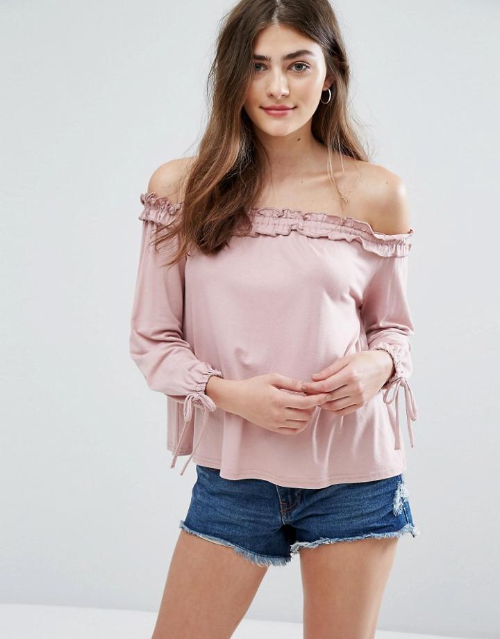 New Look Frill Tie Bardot Top - Pink
