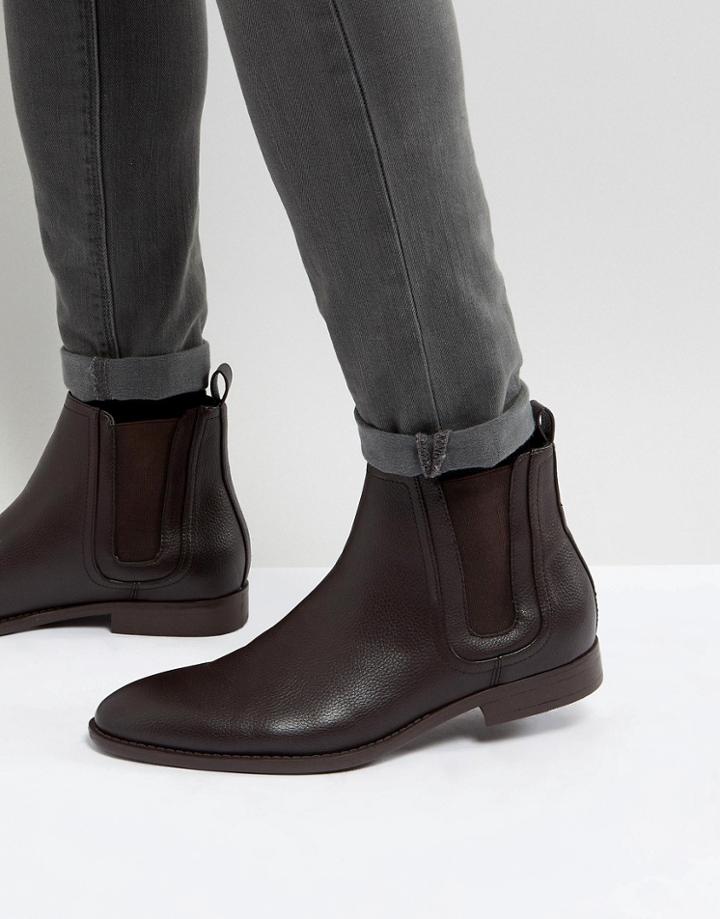 Asos Chelsea Boots In Brown Faux Leather With Panel Detail - Brown