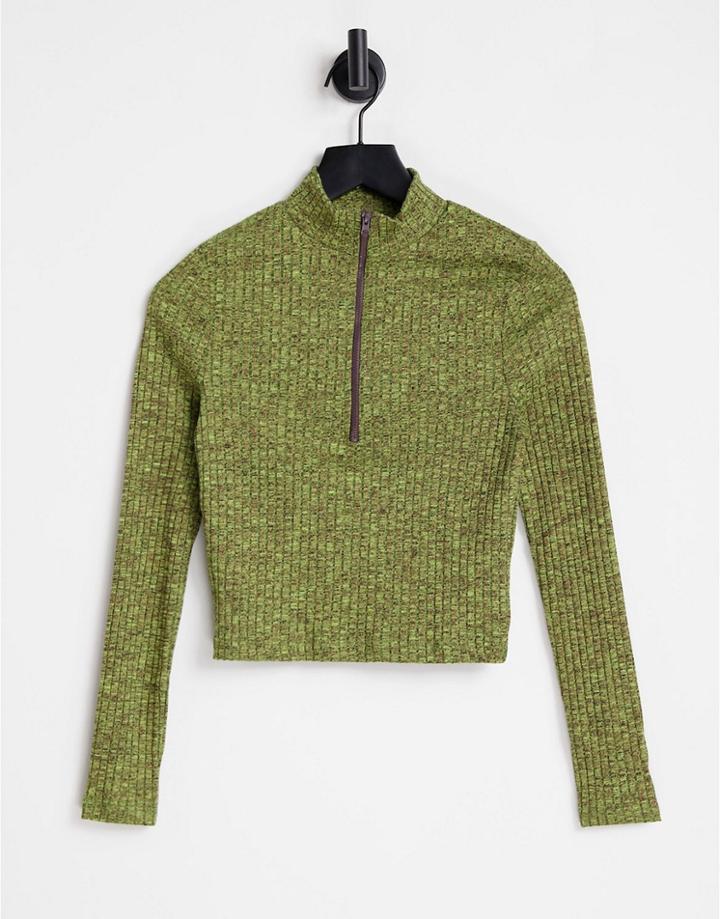 Asos Design Top With Zip And High Neck In Space Dye-green