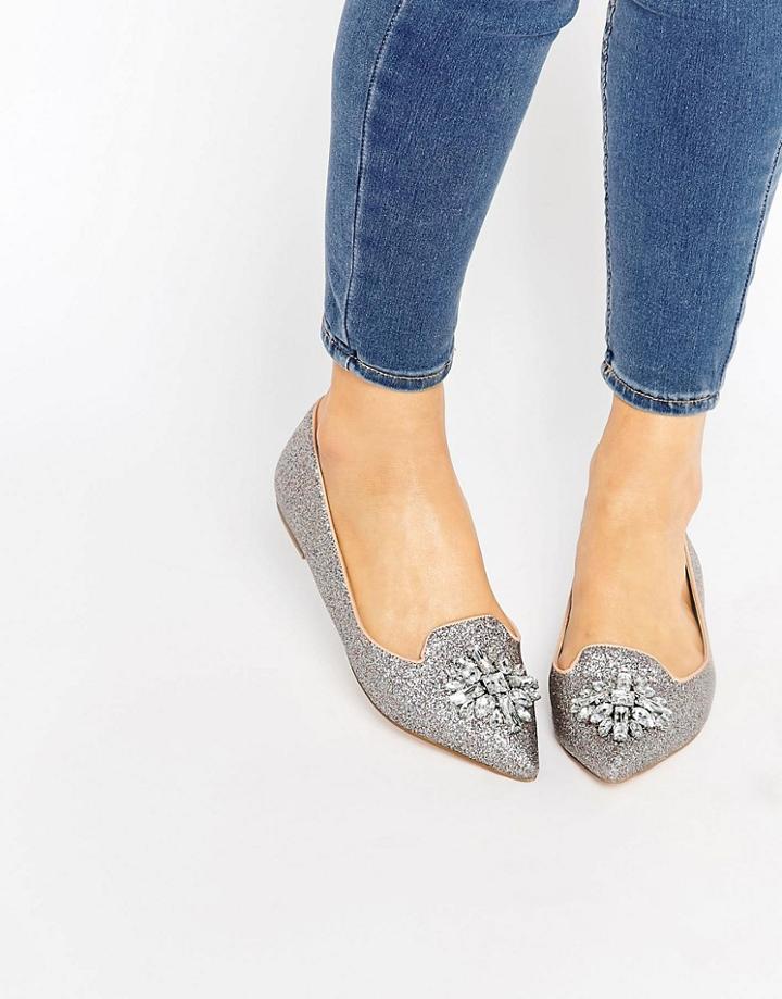 London Rebel Jewel Trim Point Slipper Shoes - Nude