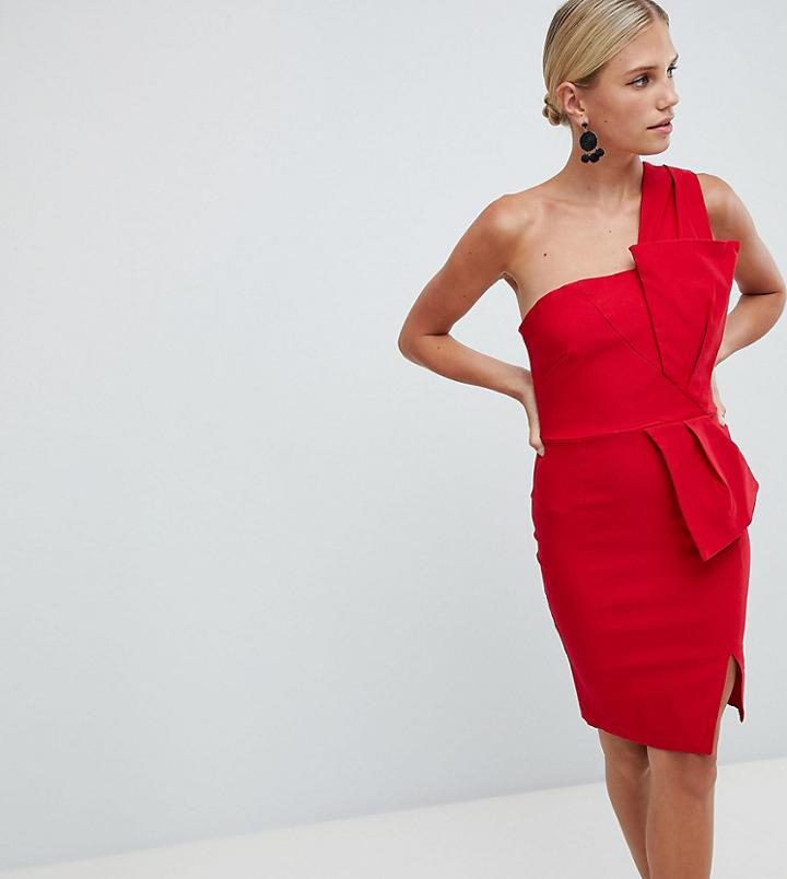 Vesper One Shoulder Pencil Dress With Bow Waist-red