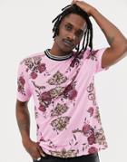 Asos Design Relaxed T-shirt With All Over Baroque And Rose Print - Pink