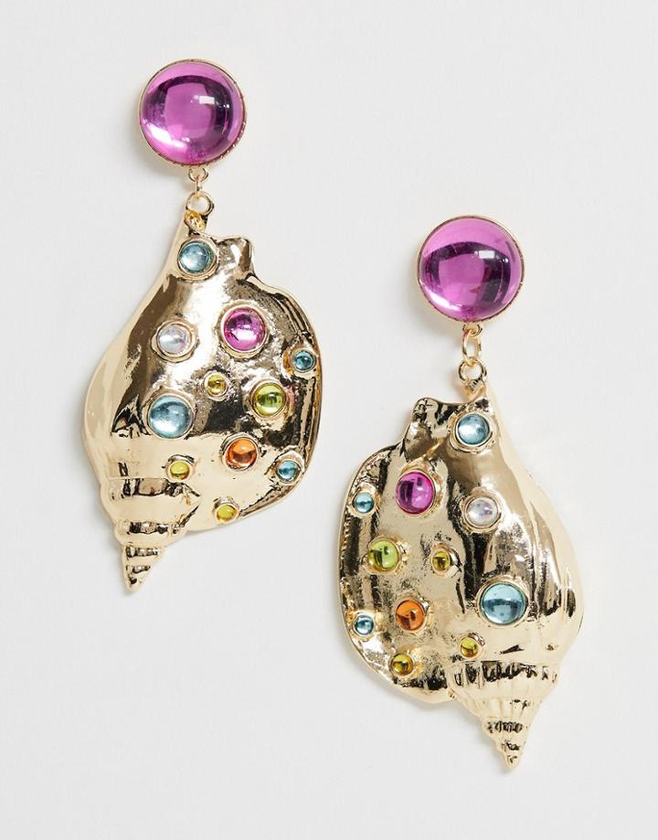 Asos Design Statement Earrings With Jewel Shell Drop In Gold Tone - Gold